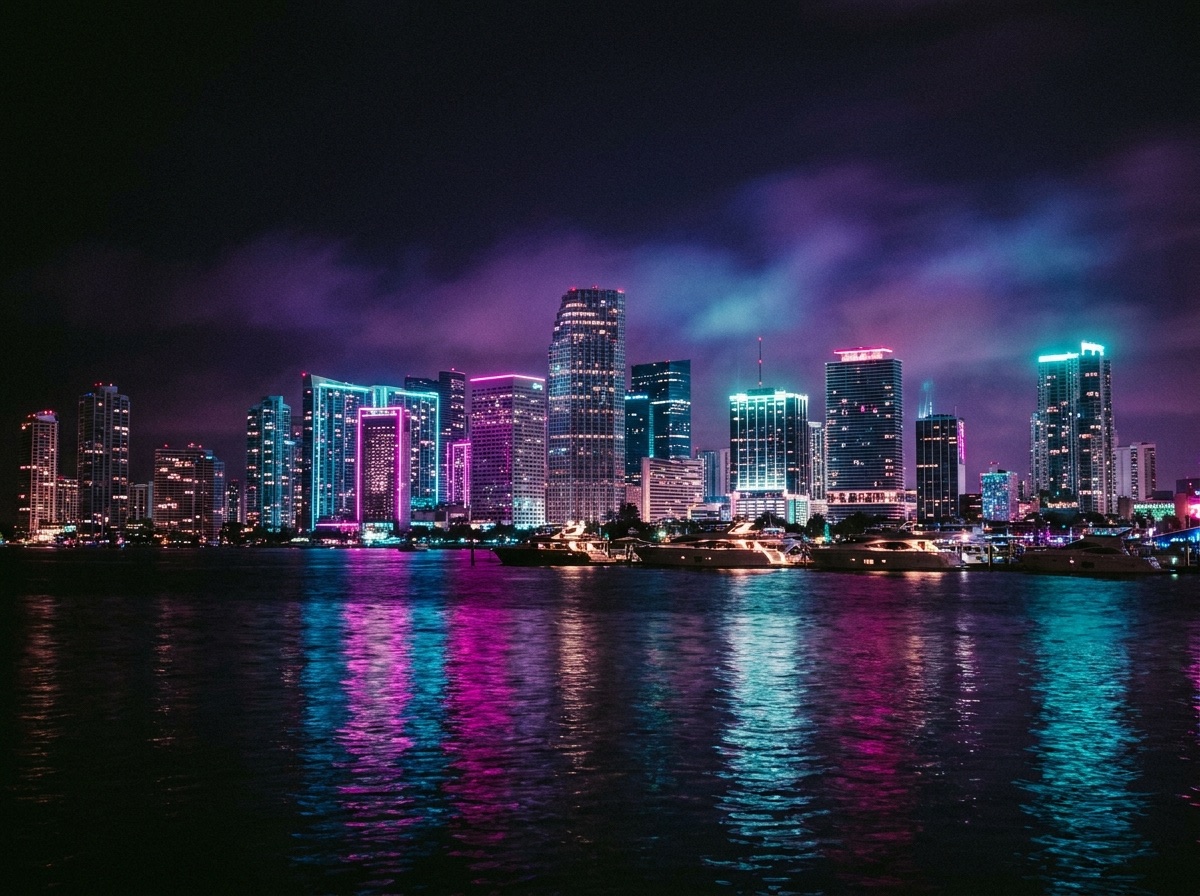 Brickell skyline glowing magenta and cyan across Biscayne Bay at night