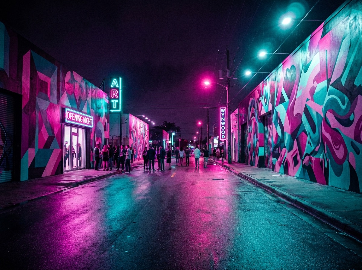Neon-lit Wynwood street at night with painted murals and a gallery-opening crowd